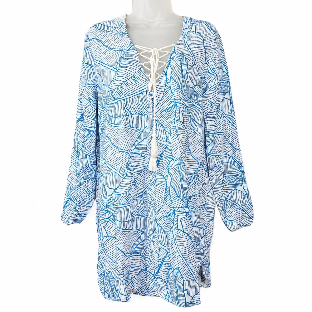 Charlie Holiday Cover Up Dress L Blue White Leaf Lace Up Hooded Coastal Resort